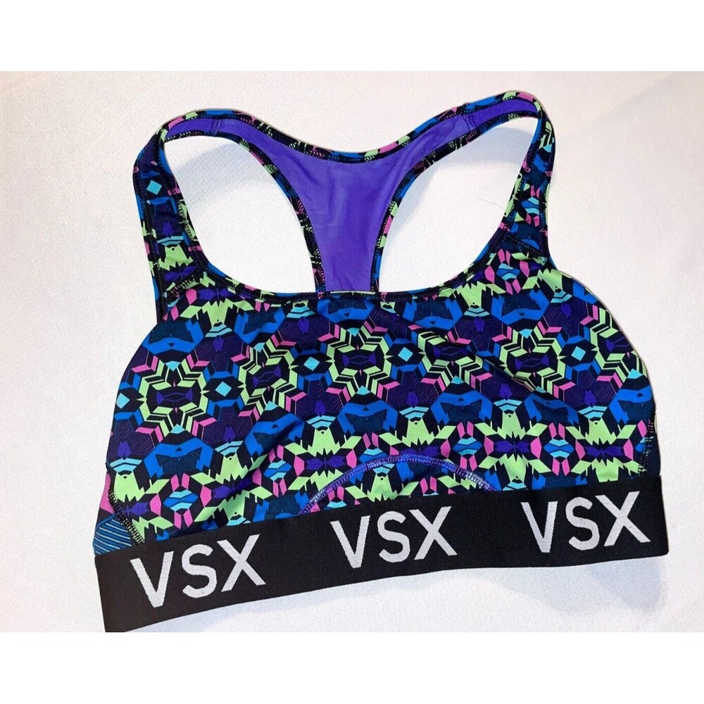 Victoria’s Secret VSX Sport Bra GYM GREEN BLUE PURPLE geometric sz L